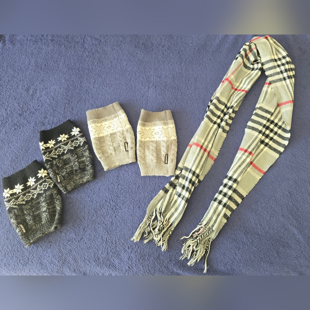 Stylish MukLuks boot cuffs and soft plaid scarf